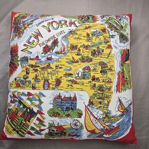 Vintage Souvenir New York Empire State Map Throw Pillow Red White Large 21in
